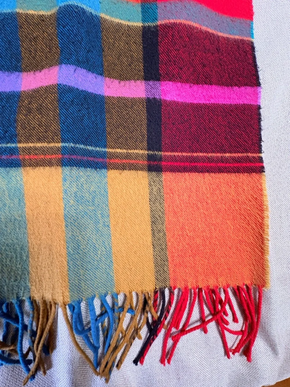Bright Plaid Fringe Scarf Multicolor Tartan 15”x64”